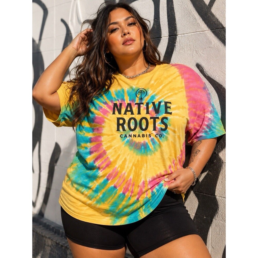 Native Roots T Shirt Womens 2XL Yellow Cotton Cannabis‎ Co Tie Dye Retro Graphic